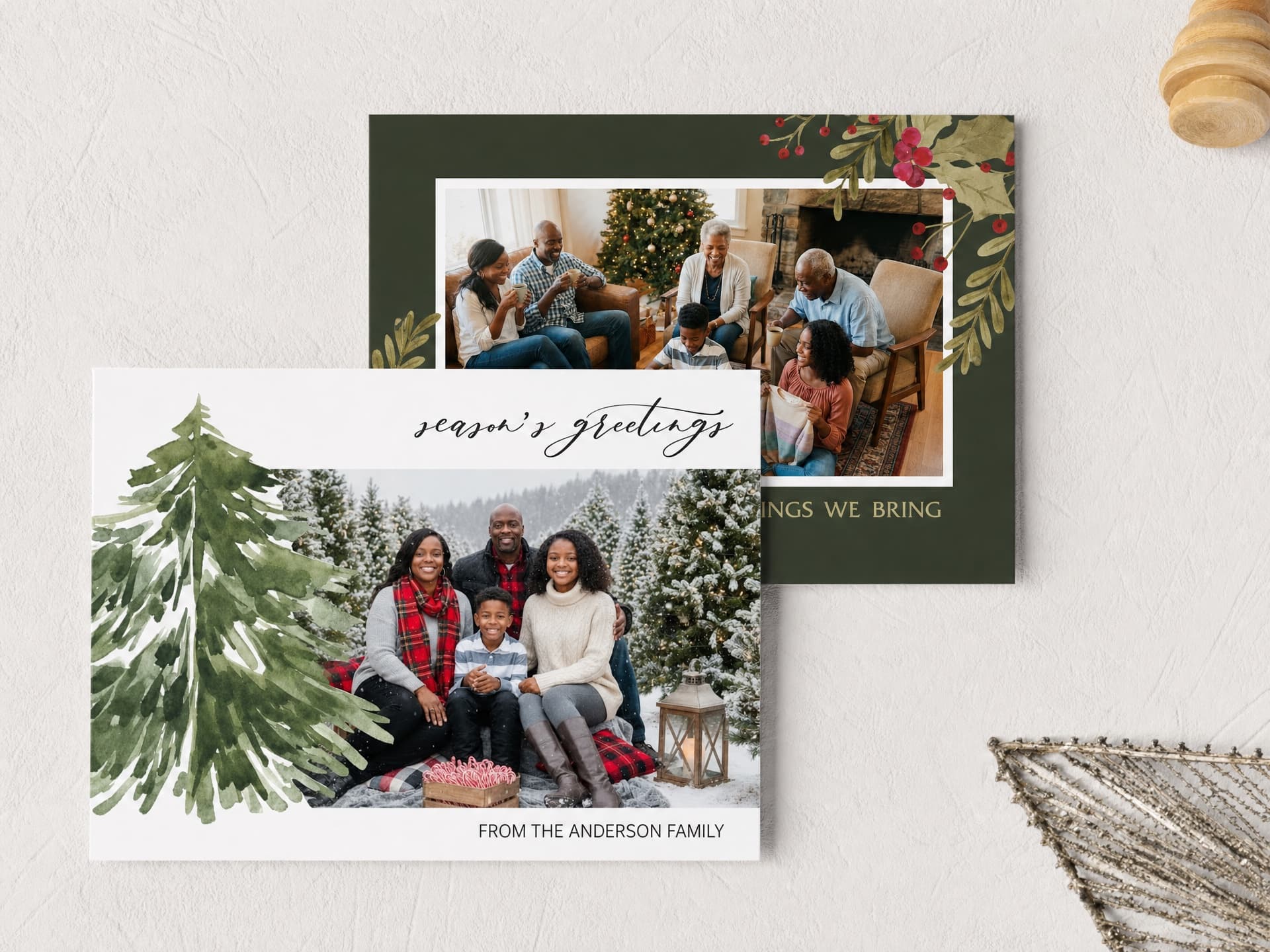 Christmas photo cards featuring family portraits and festive designs