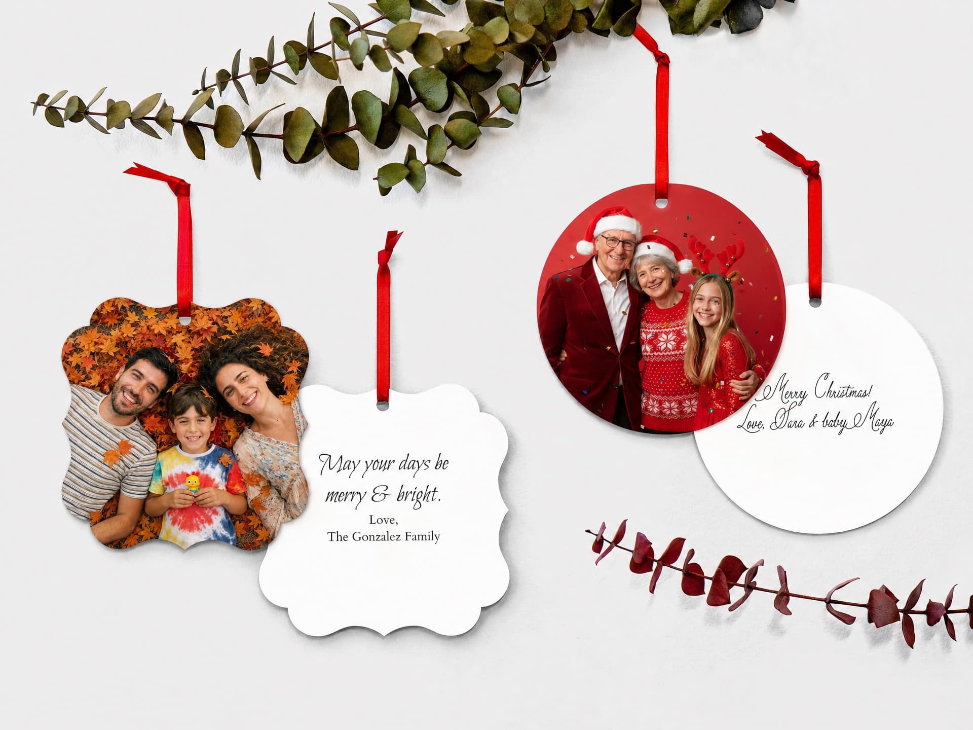 Personalized family photo ornaments with red ribbons and Christmas messages