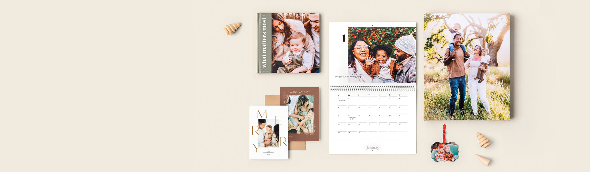 Family photos displayed on personalized prints, cards, a calendar, and a photo ornament